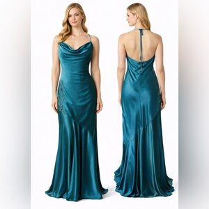 Velesca Silk Maxi Formal Dress 14 Teal Blue Green Sequin NWT